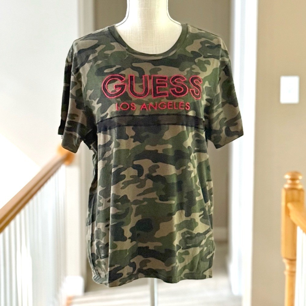 Guess Los Angeles Camo Embroidered Logo Mesh Stripe T-Shirt Large